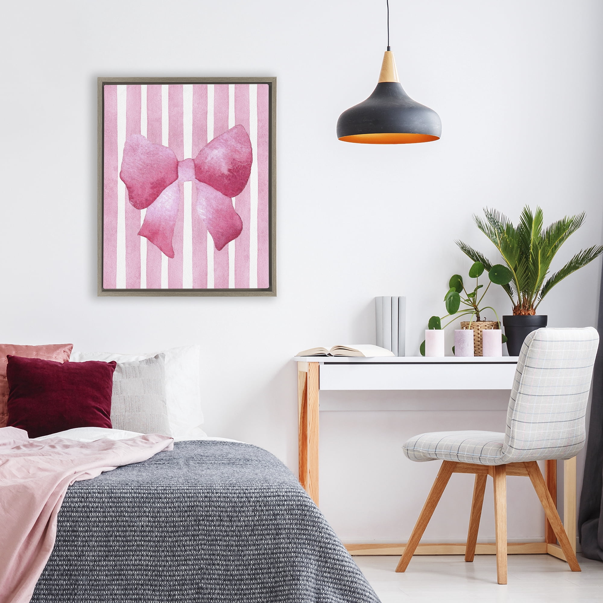 Stupell Industries Chic Bow on Pink Stripes Brown Framed Floater Canvas Wall Art, design by Camila Juncos