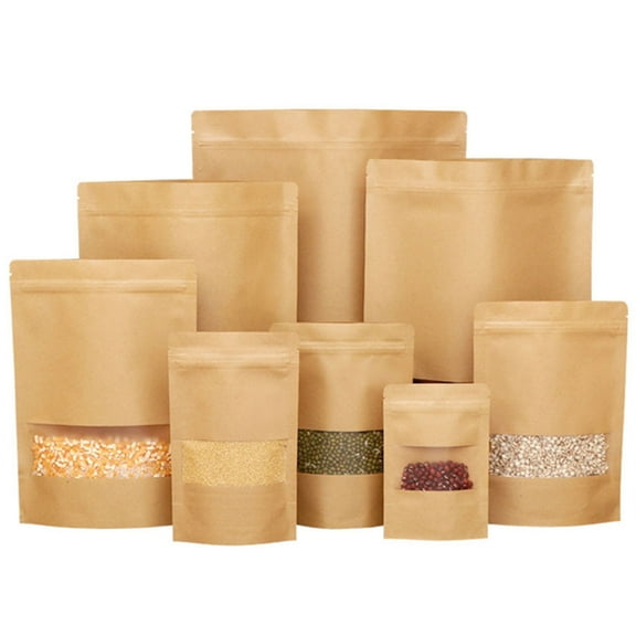 WAFUNNE 50pcs Kraft Bags with Window Stand Up Ziplock Seal Paper Bag Resealable Large Small Food Storage Pouch 1oz 3.55.5in
