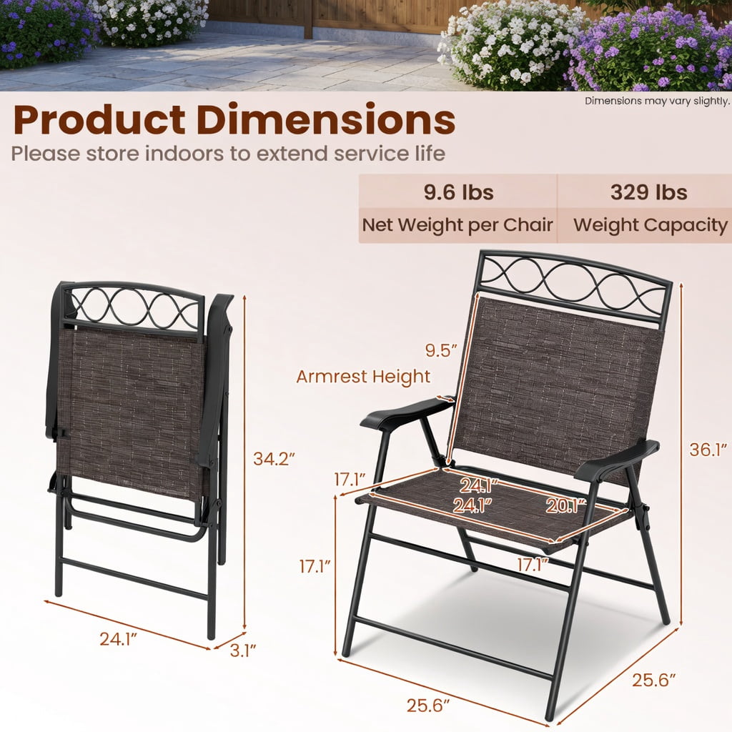 Hommoo 4-Pack Patio Folding Chairs with Armrests, Lightweight Outdoor Dining Chairs, Easy-Store Metal Frame & Breathable Fabric, Brown