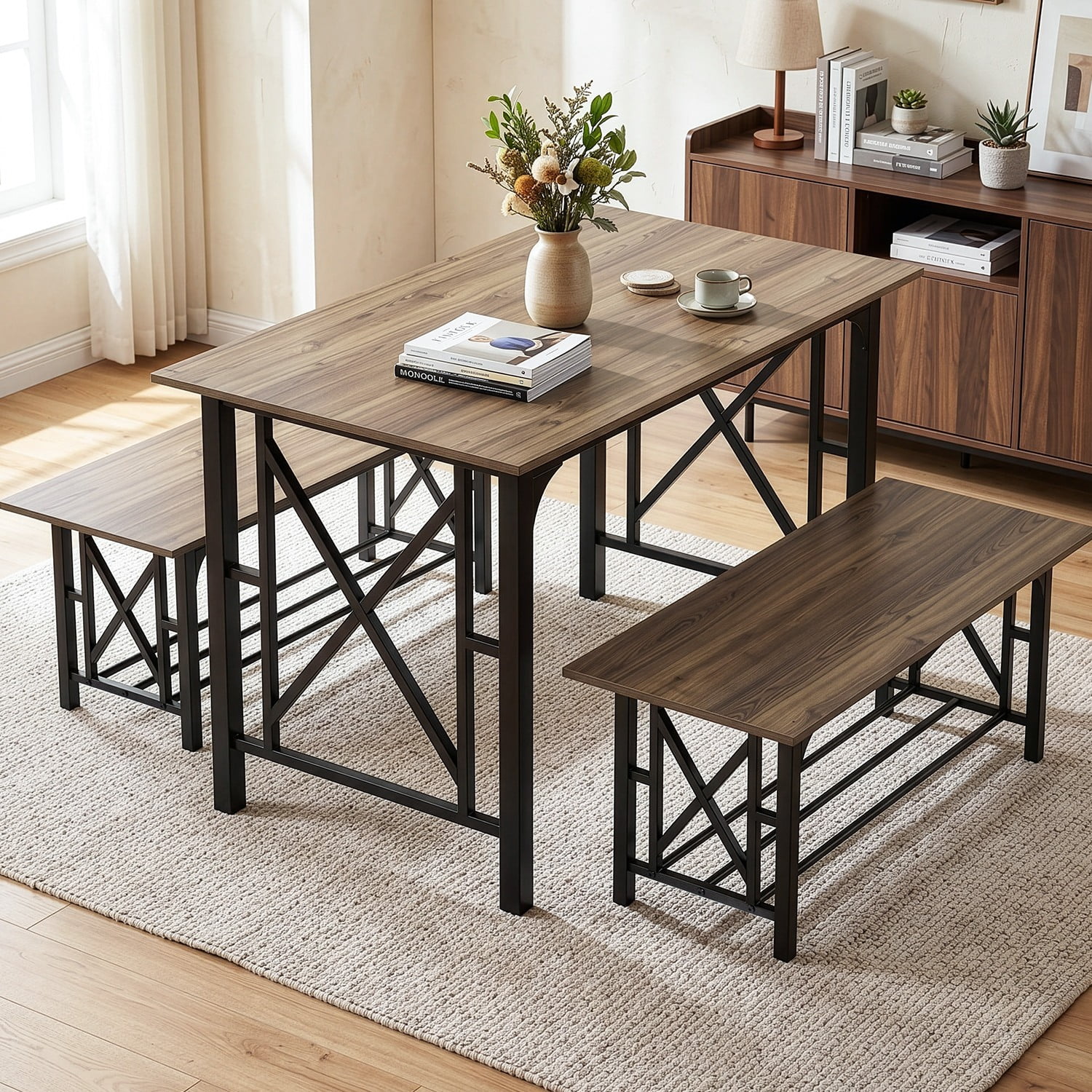 Zimtown 3-Piece Farmhouse Dining Table Set 47.2” Rectangular Dining Table with 2 Storage Benches Space-Saving Table Bench Set for 4 Brown Tabletop & Black Metal Frame for Small Space Kitchen