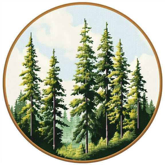 Pine Trees DIY Stamped Cross Stitch Kits for Beginners Easy with Hoop 11CT Needlepoint Embroidery Counted Cross Stitch Kits Art Craft Wall Decor and Gift 35x35cm(8)