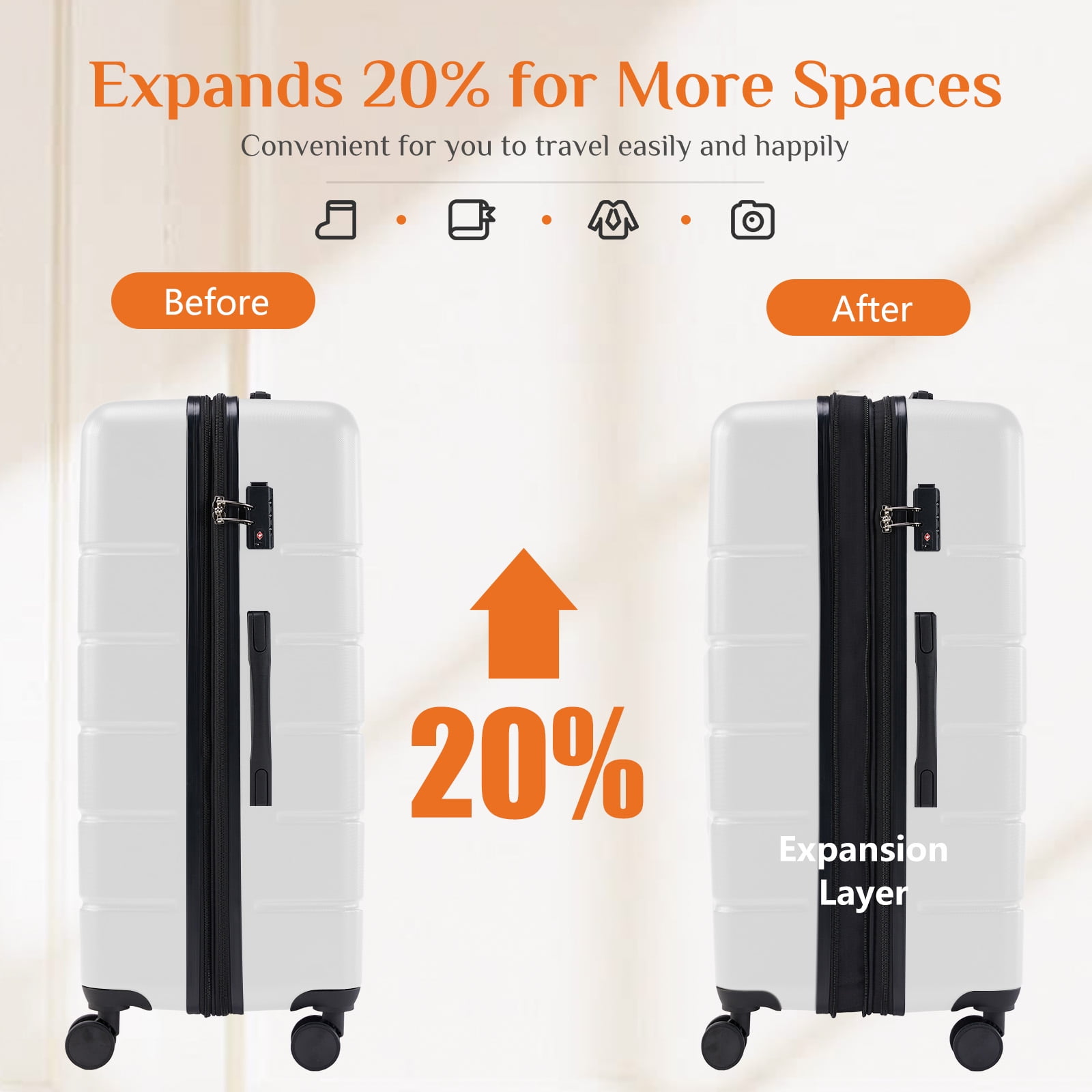CONCETTA 3 Pcs ABS Hardside Luggage Sets, Lightweight Expandable Hard Shell Rolling Suitcase TSA Lock Spinner Wheel Suit Cases, White