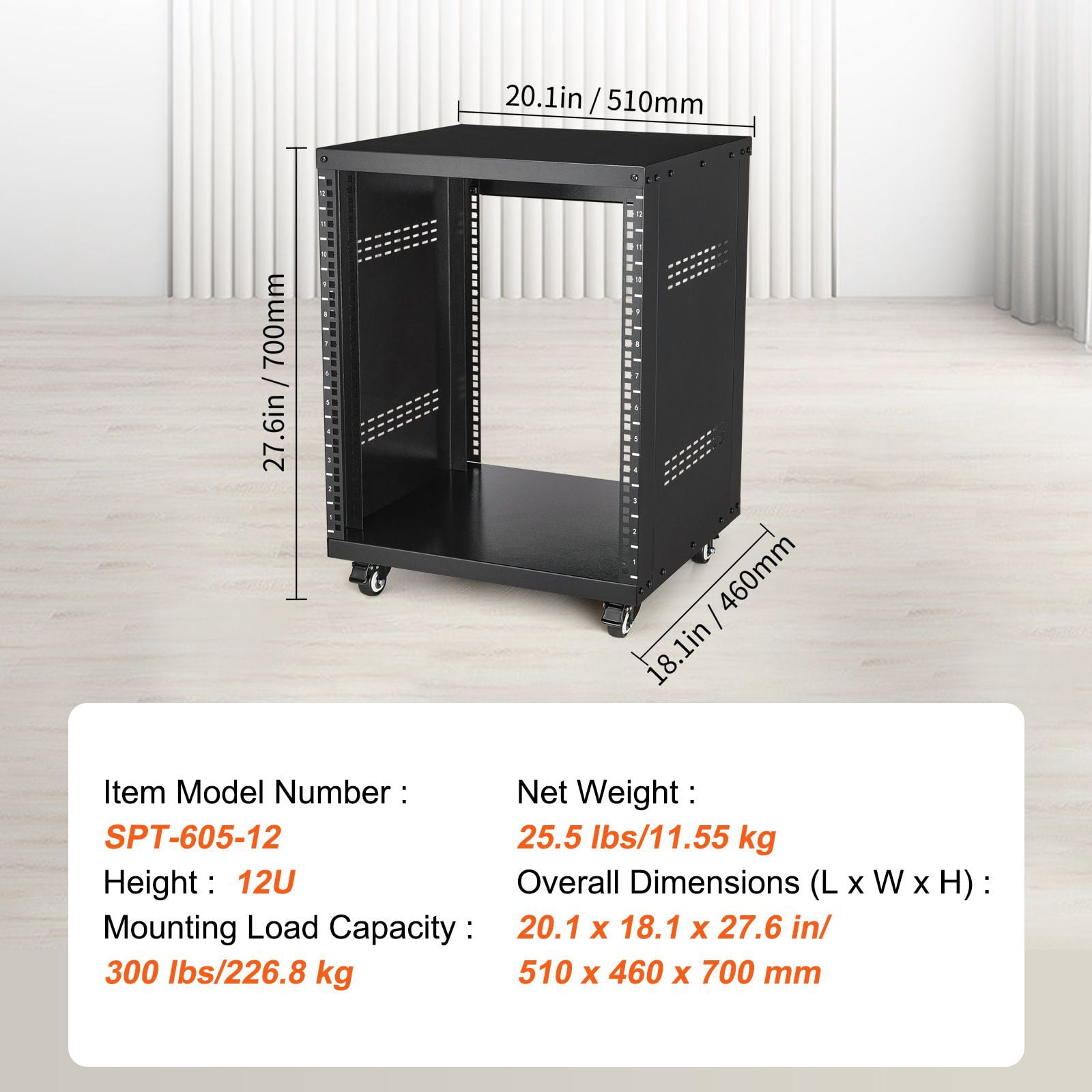 12U AV Rack Stand, 300 lbs Capacity, Network Stereo Recording Studio Rack with Lockable Caster Wheels Round & Square Holes, Special Vents for 19" Audio Video Musical & IT Equipment Mounting