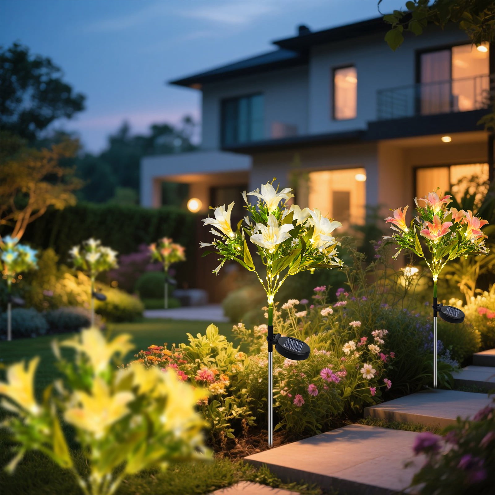 Rirool 4 Pack Solar Flower Lights Outdoor, 28 LED Waterproof Garden Lights with 4 Colors, Decorative Solar Lily for Yard Pathway, Lawn, Camping Decor (Yellow/Blue/White/Pink)