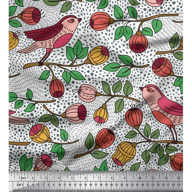 Soimoi White Rayon Fabric Artistic Bird & Floral Decor Fabric Printed Yard 56 Inch Wide