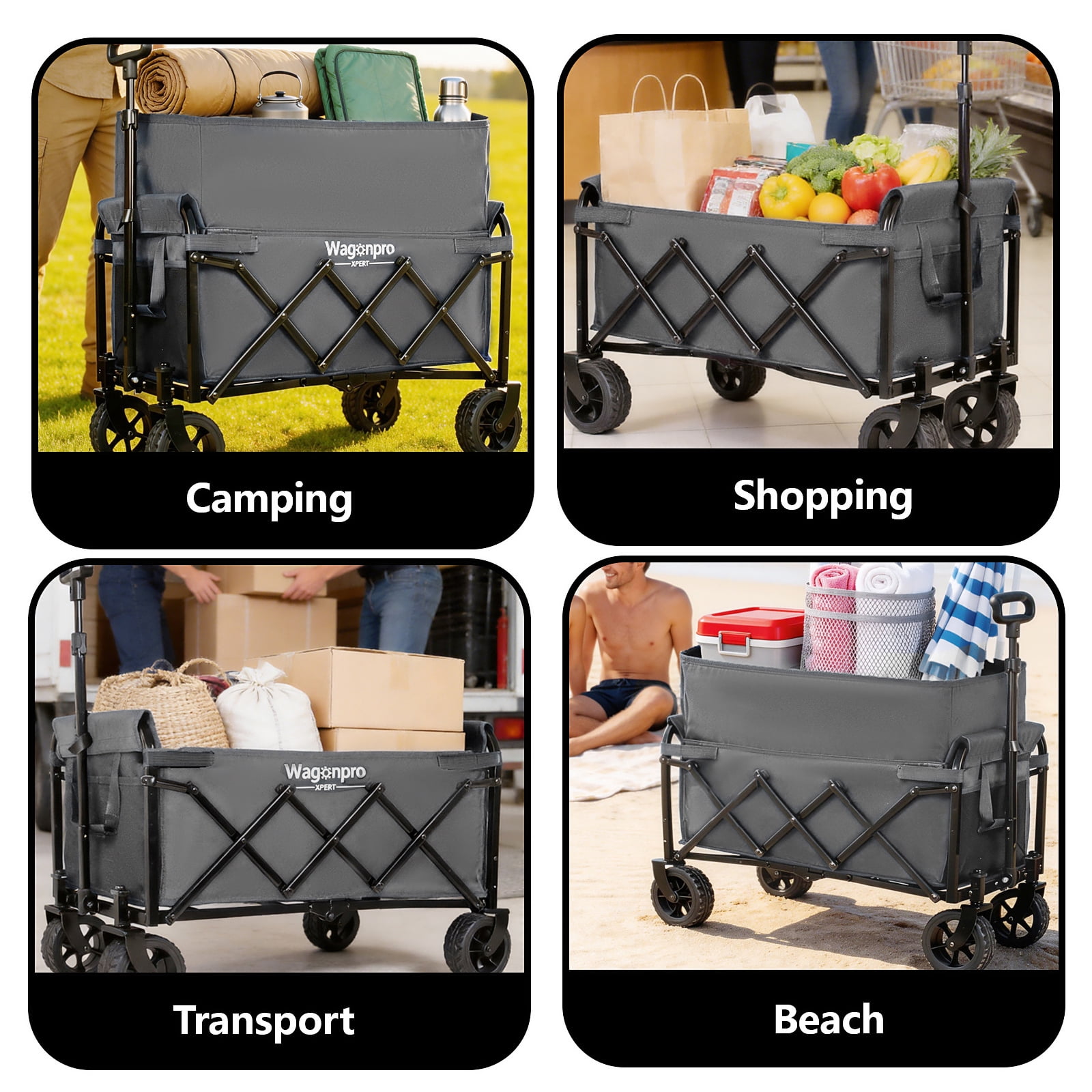Upgraded 5*2" Wide Wheels-Expandable Dual-Layer Utility Wagon with 100% Extra Space, 220lbs Capacity Grocery Cart for Camping, Shopping, Sports, Gardening, Fishing, Gray