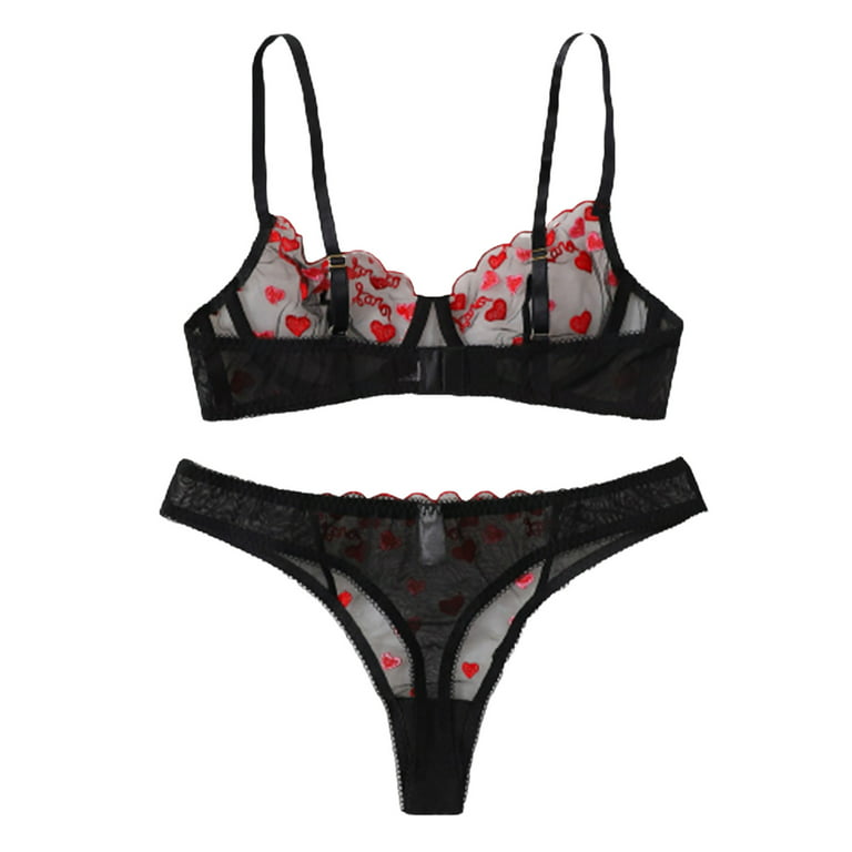 Sunisery Valentines Day sexy lingerie for women, Heart Embroidery Mesh  Perspective Bra Tops and Panty Set