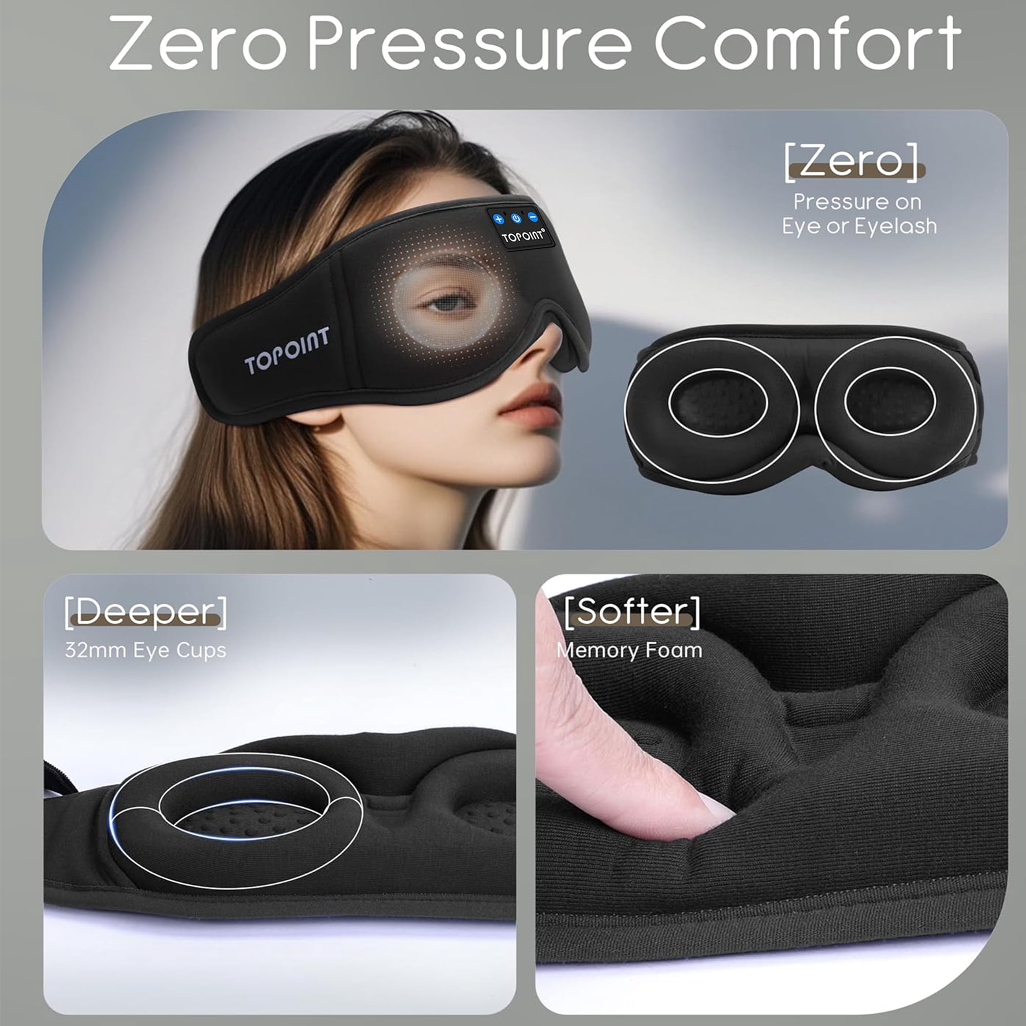 Sleep Mask, Bluetooth Sleep Headphones, TOPOINT 3D Eye Mask Blackout with Soft Bamboo Cotton, HD Speaker Microphone, Sleep Headphones Earphones for Side Sleepers Women Men, Travel Meditation