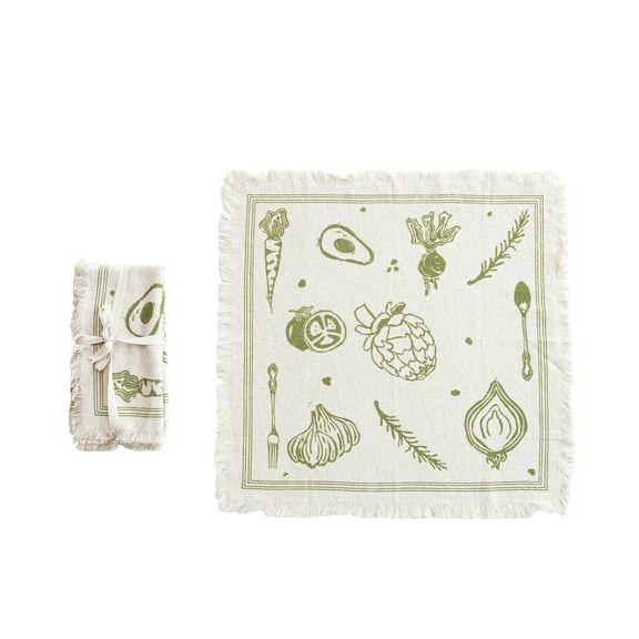 Creative Co-Op Cotton and Linen Napkins with Fringe Design, Green, Set of 4