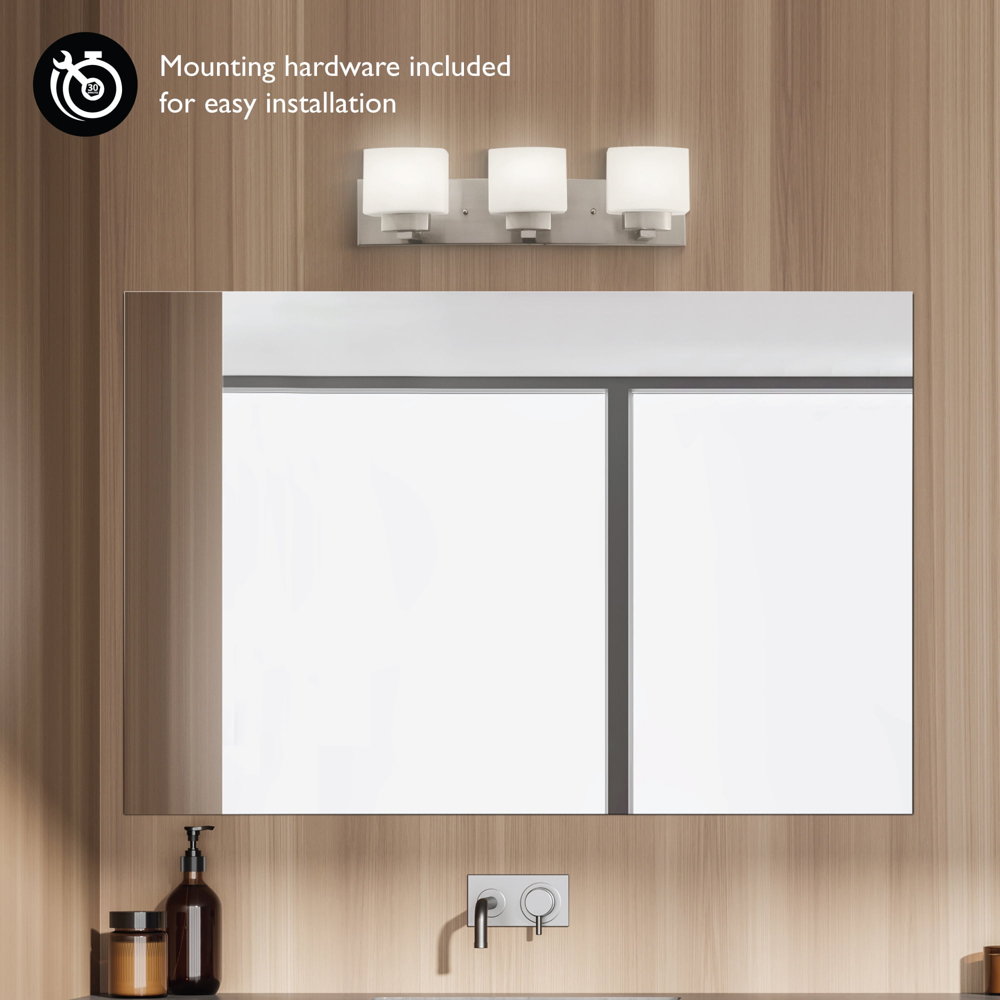 Design House Dove Creek 3-Light Dimmable Bathroom Vanity Light with Frosted Glass, Satin Nickel