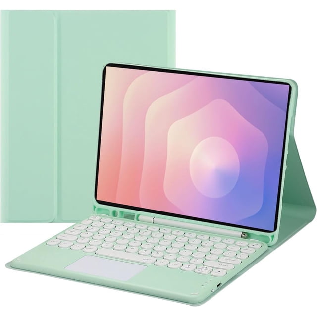 funda con teclado táctil para samsung galaxy tab s11 (11 pulgadas) modelo 2025 (sm-x730/sm-x736b), con portalápices - teclado bluetooth táctil magnéticamente desmontable verde. Vista 3/4 frontal con la tablet en posición de trabajo y el teclado magnético acoplado; teclado Bluetooth desmontable con panel táctil y teclas redondeadas blancas; material suave de TPU en la cubierta trasera con soporte plegable; soporte para lápiz en la base para llevar el stylus; convierte la tablet en portátil en segundos.