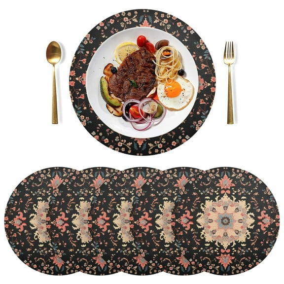 Vintage Boho Pattern Black Round Placemats Plate Mats 15 Inch Non-Slip Heat Resistant Washable PVC Set Indoor for Kitchen Dining Table 1PC