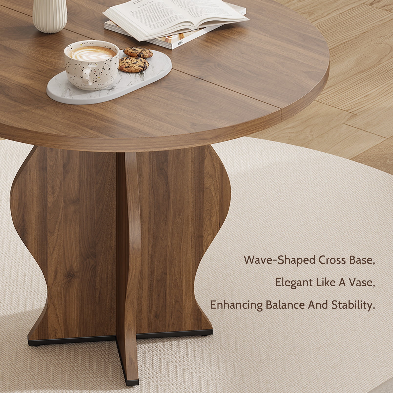 31.5 Inch Small Round Dining Table for 2, Modern Farmhouse Wood Kitchen Table, Rustic Walnut Circle Dining Room Table with Pedestal Base for Kitchen and Dining Room Furniture