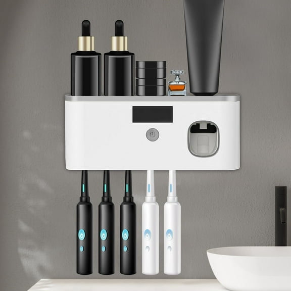 Syenll Toothbrush Holder for Bathroom, Wall Mounted Toothbrush Holder with Toothpaste Dispenser, 5 Brush Slots for Kids, White
