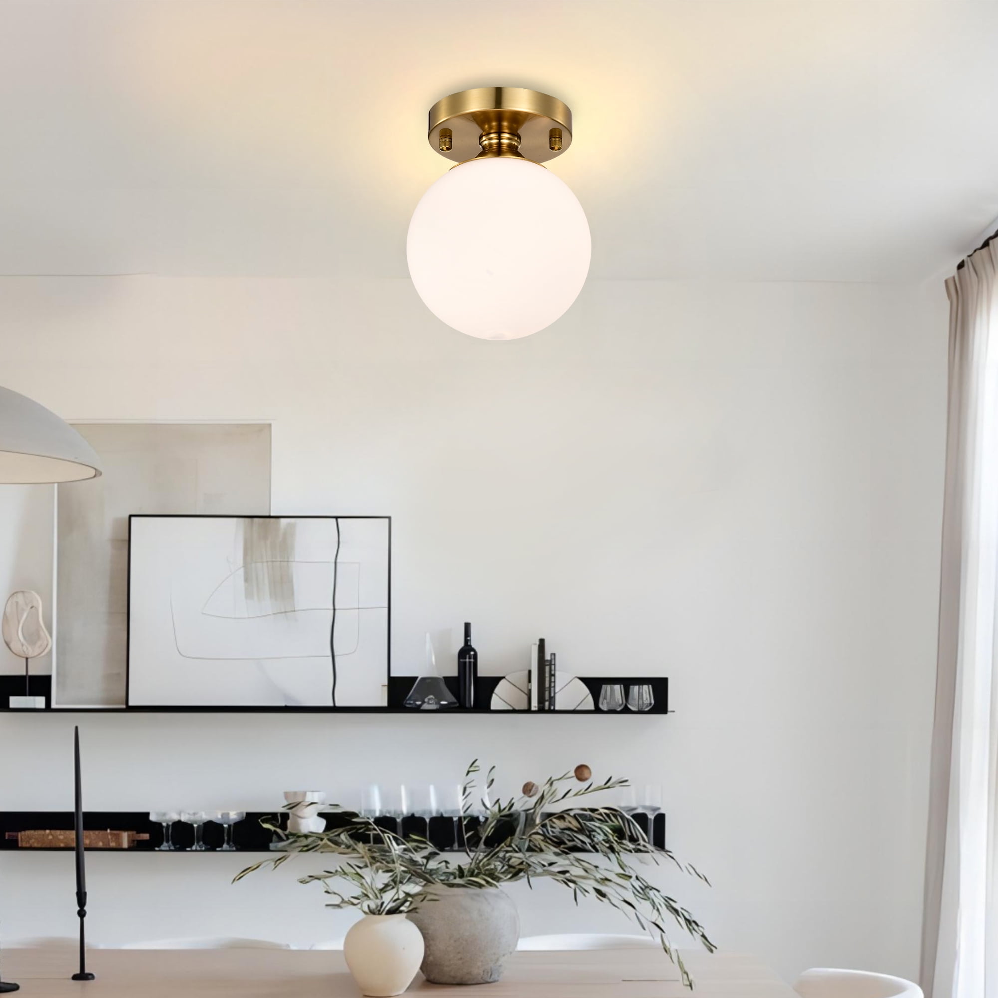 Semi Flush Mount Ceiling Light, Modern Gold Ceiling Light Fixture with 5.9" Opal Glass Globe Shade for Hallway Entryway Kitchen Bedroom