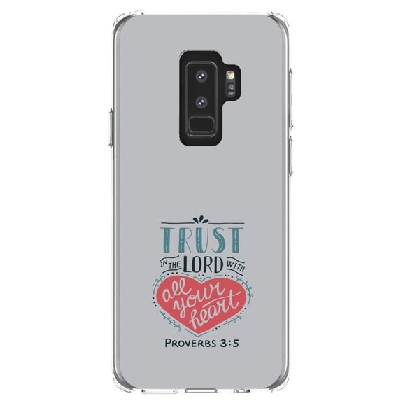 DistinctInk Clear Shockproof Hybrid Case for Samsung Galaxy S9  PLUS (6.2" Screen) - TPU Bumper, Acrylic Back, Tempered Glass Screen Protector - Proverbs 3:5 - Trust In The Lord All Your Heart