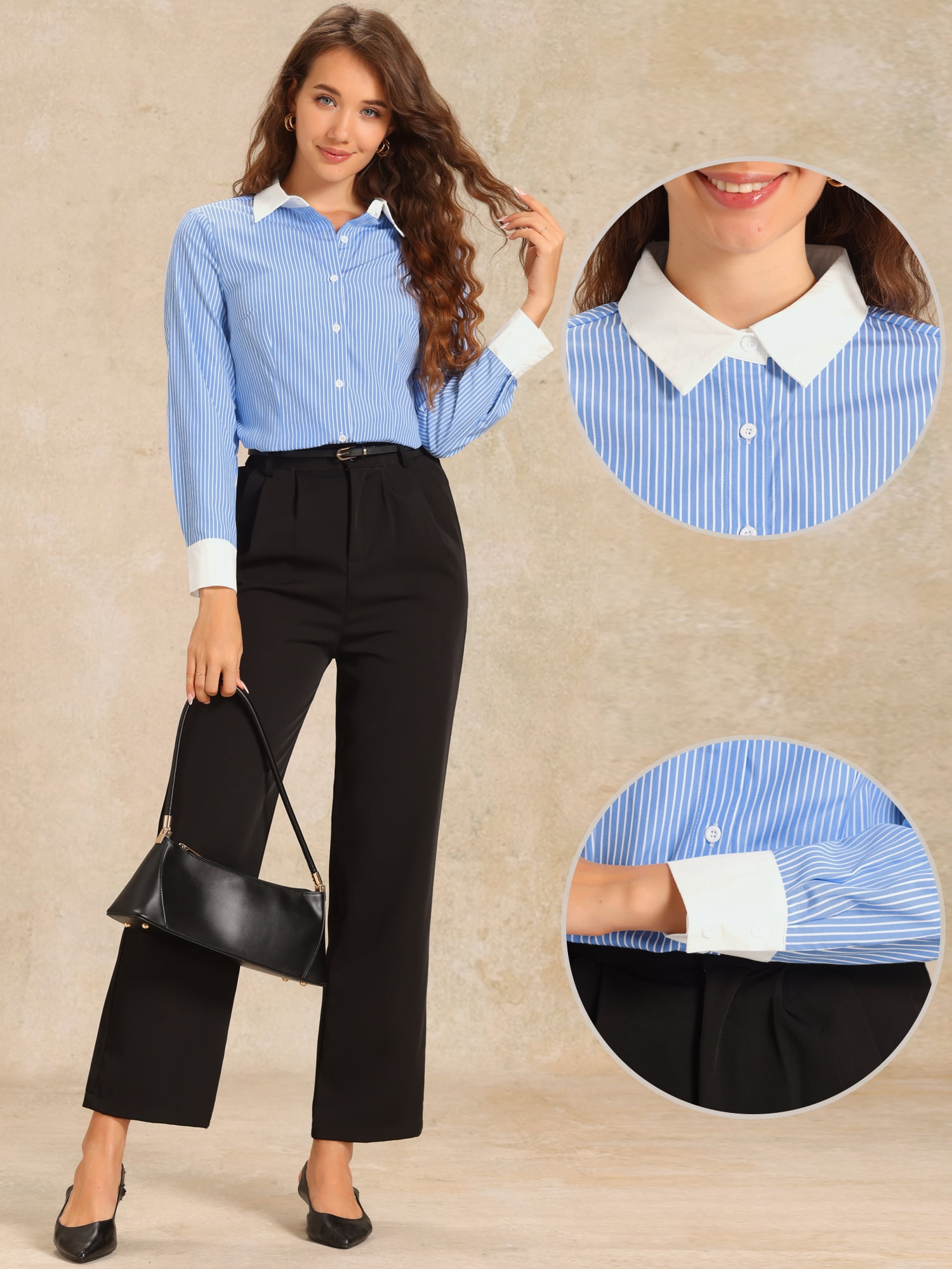 DARING DIVA Women's Collared Fitted Work Blouses L Blue