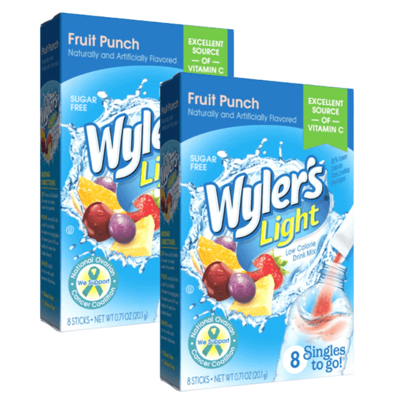 Wyler's Light Singles To Go Powder Packets, Fruit Punch Flavor Water Drink Mix Zero Sugar Low Calories Water Enhancer Easy and Convenient To Prepare-Gym Sports On The Go  Beverages 8ct/Box Pack of 2