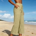thumbnail image 2 of Wide Leg Capri Pants for Women High Waisted Cotton Linen Summer Pants Casual Drawstring Cropped Trousers with Pockets Khaki 2XL, 2 of 5