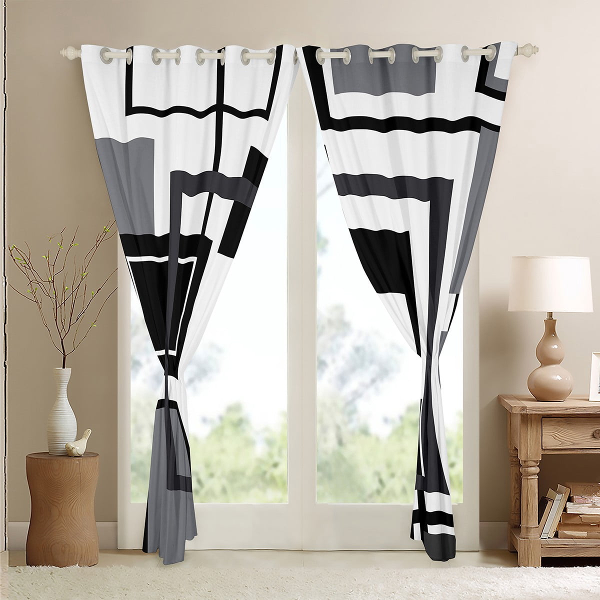 Erosebridal Black White And Grey Window Curtains 42"Wx84"L For Men,Abstract Geometric Blackout Curtains Geometry Square Striped Window Curtains Simple Lines Curtains 2 Panels Modern Bedroom Decor