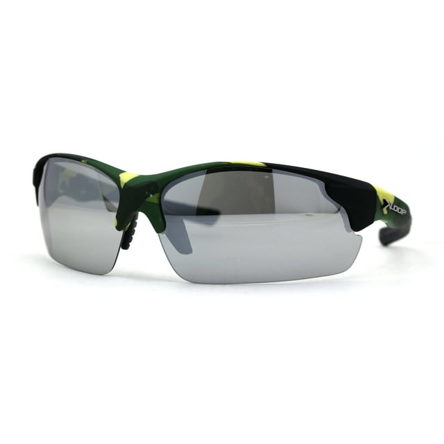 Mens Xloop Hunters Camo Half Rim Plastic Sunglasses Green Yellow Silver Mirror