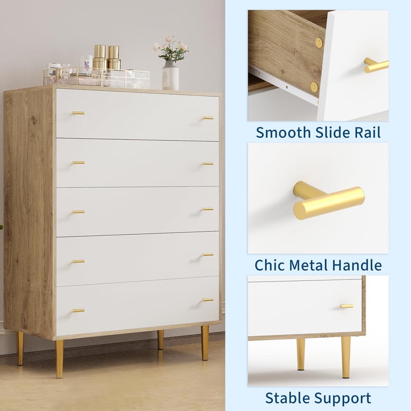 TROPOW 5 Drawers Dresser for Bedroom, 31.5" Wide Wood Rustic Chest of Drawers with Bar Handles, Vintage Design, Storage Dressers Organizer for Bedroom, Living Room, Hallway