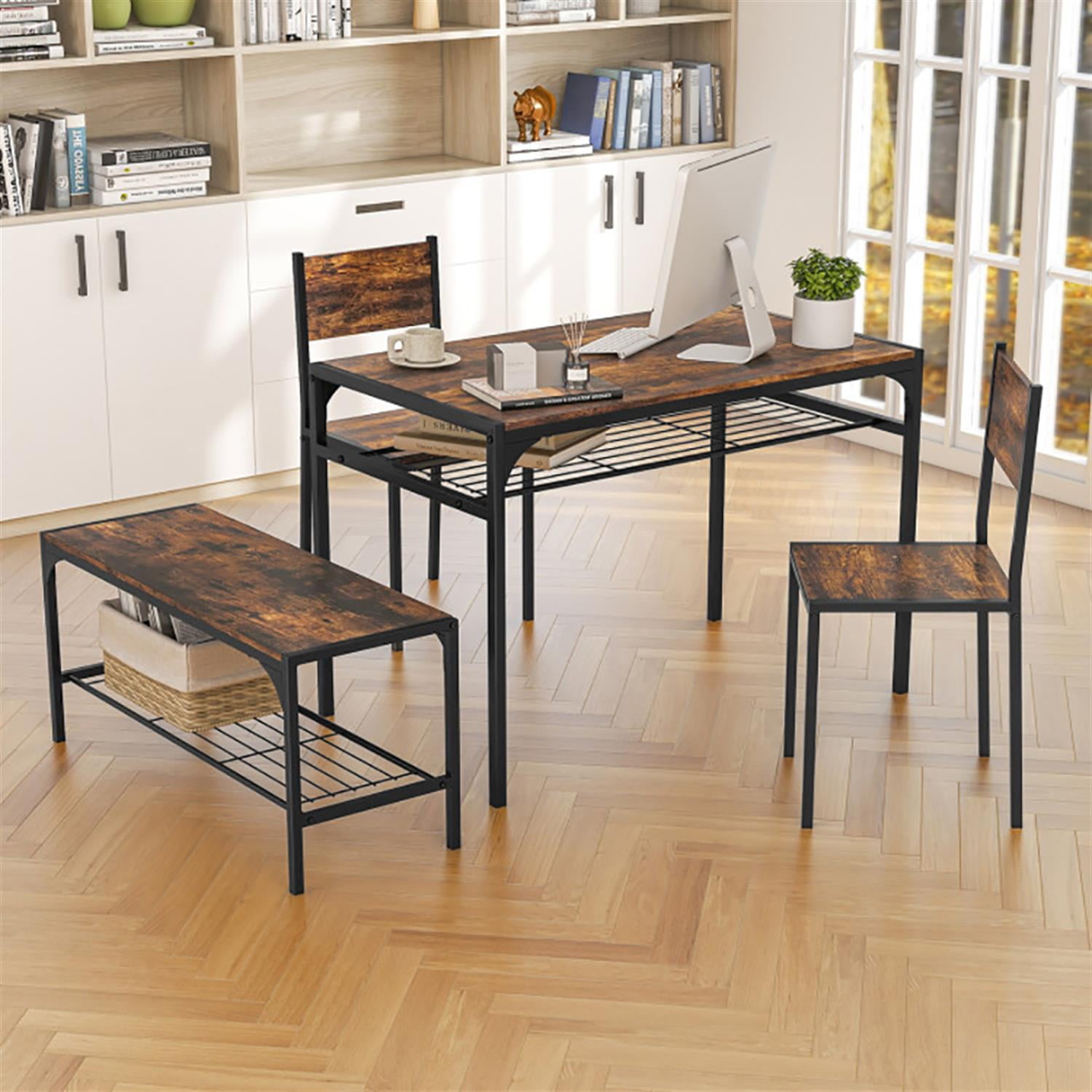 Demi Bonn 4-Piece Dining Table Set with Bench and 2 Chairs, 43"dustrial Kitchen Table with Metal Frame and Storage Rack, Perfect for Small Space, Brown