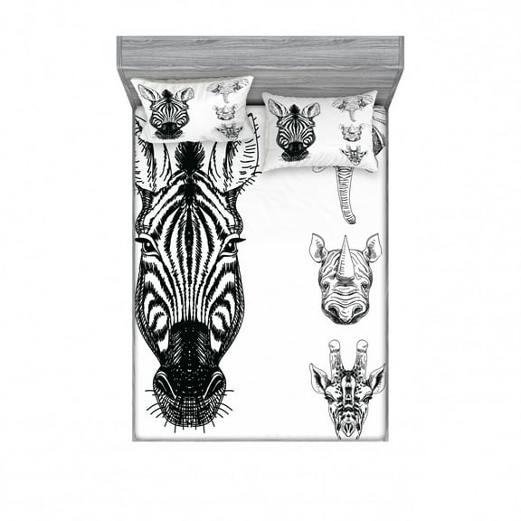 Ambesonne Animal Fitted Sheet & Pillow Sham Set, Savannah Wildlife Sketch, Queen, White and Black