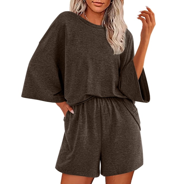 Conjunto de Verano Casual para Mujeres Color Sólido Manga Corta con Pantalones Cortos Elásticos