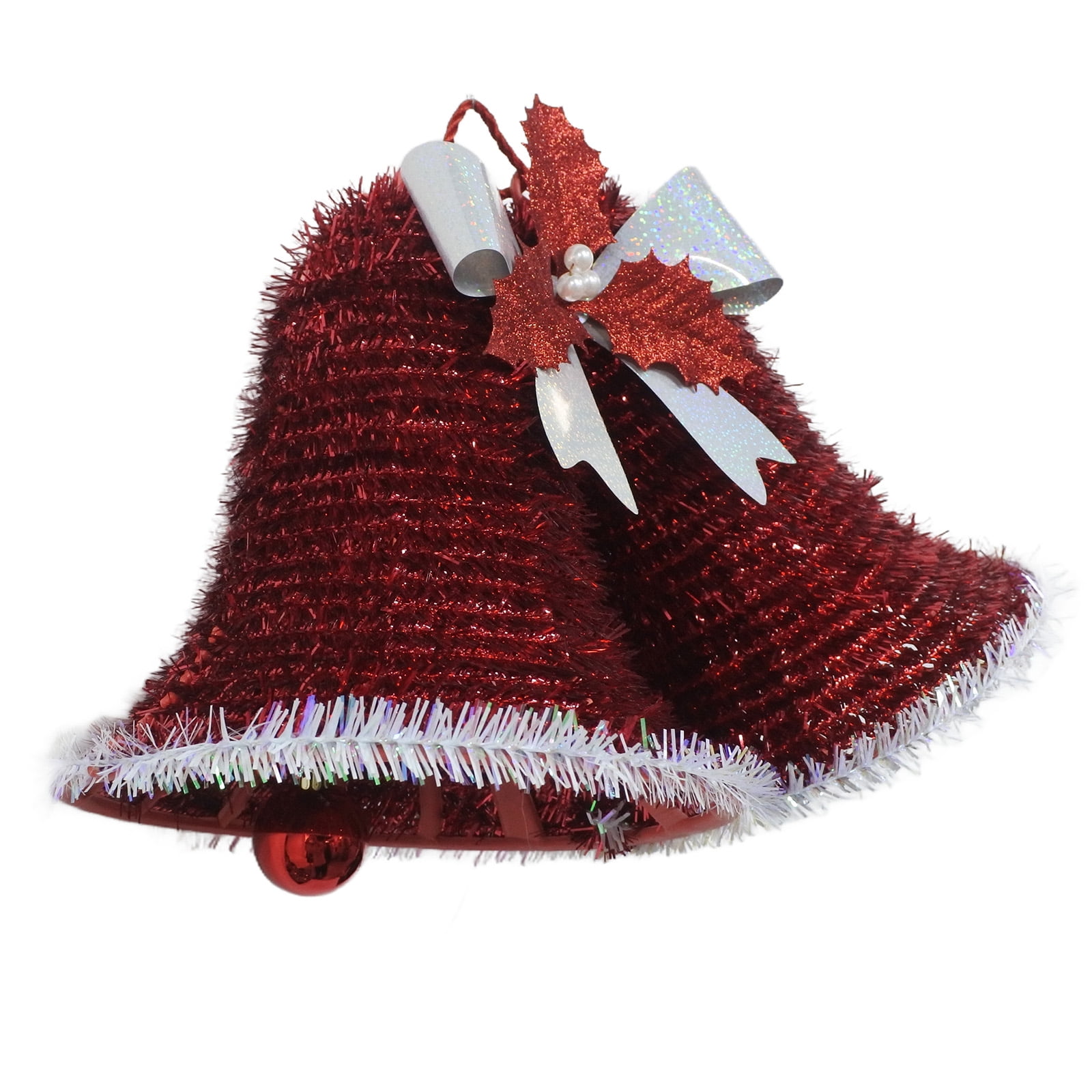 Tinsel Double Bells Christmas Decoration, Red and White, 8", by Holiday Time