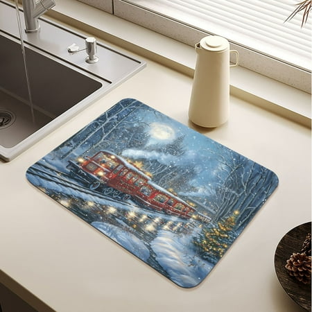 

Christmas Train Picture Drying Mat Diatomaceous Earth Super Absorbent Non-slip Rubber Sole Heat Resistant 230 Degrees Fahrenheit 15.7×11.8in
