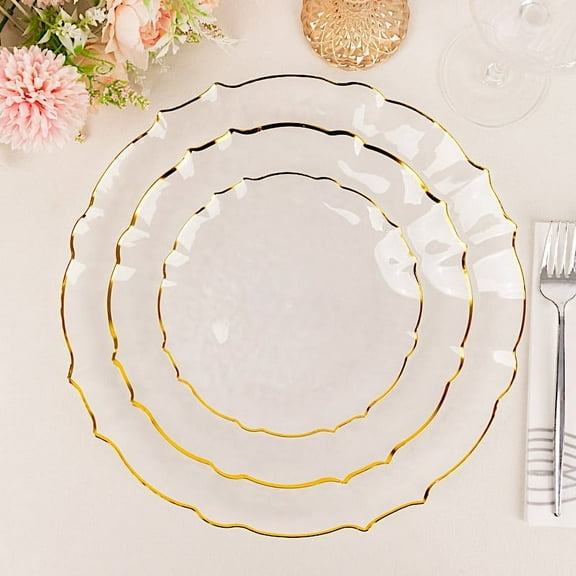 Balsa Circle 10 Clear 10" Disposable Plastic Salad Dinner Plates Gold Scalloped Rim Party Events Decorations