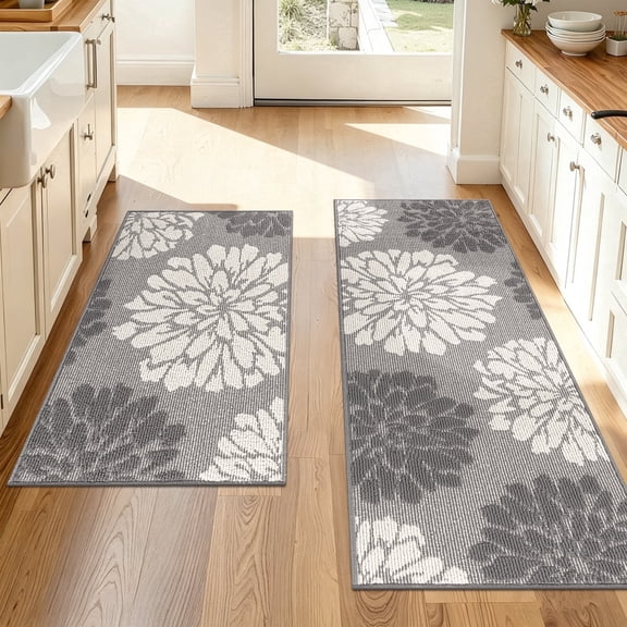 MeyJey Kitchen Rug 2 PCS Set, 24x36+24x59 Non Slip Machine Washable Rug Floral Decor Kitchen Floor Mats for in Front of Sink, Gray