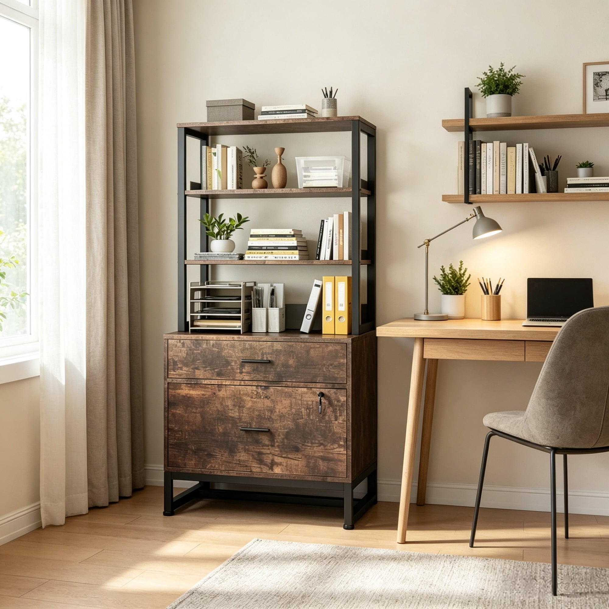 Astoutdoor 2-Drawer File Cabinet, Vertical Filing Cabinet with Lock and Bookshelf for Home Office, Steel, 38.39 in