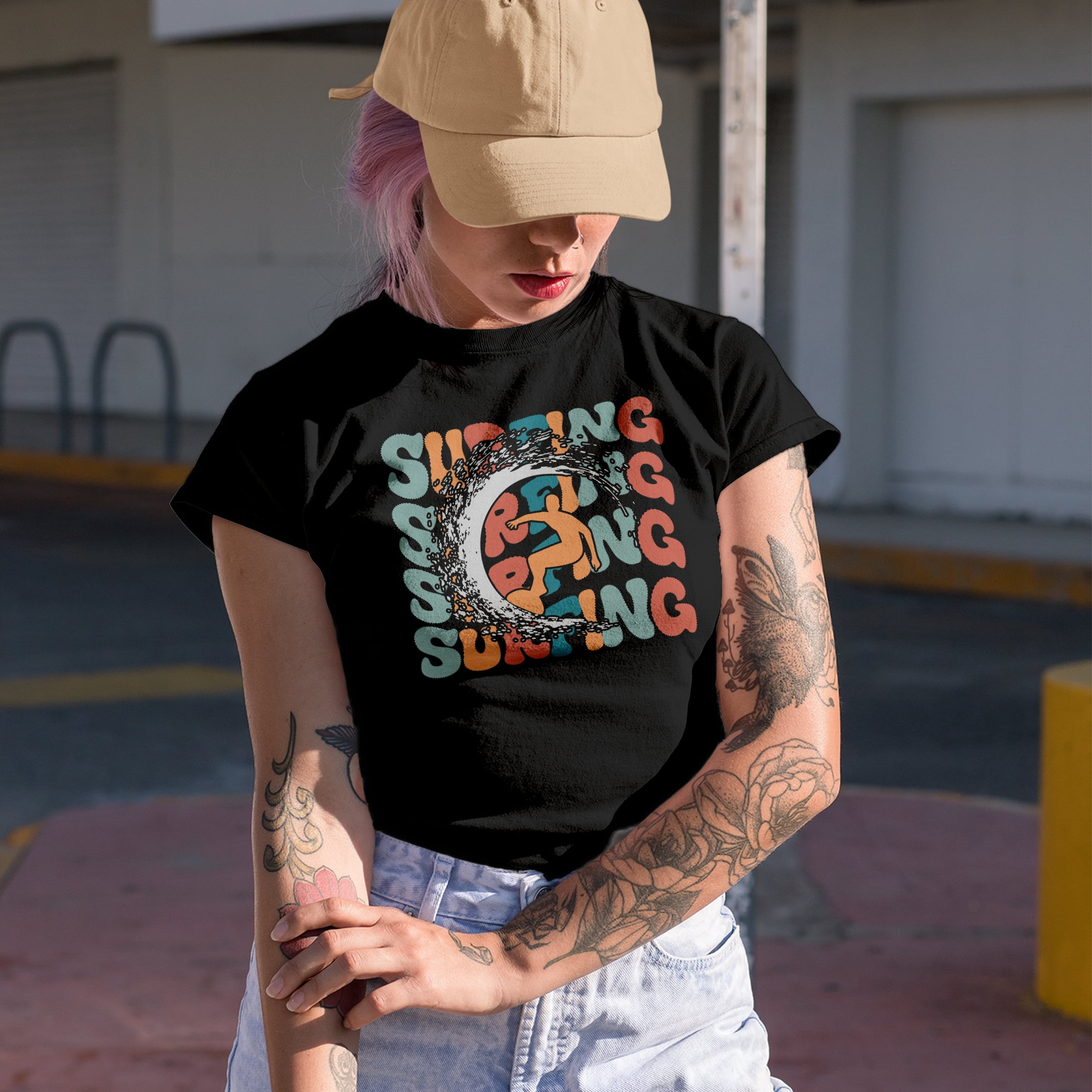 Surfing with a Breaker & Surfer Image,, Groovy Retro Wavy Text Merch Gift, Black T-Shirt, Large