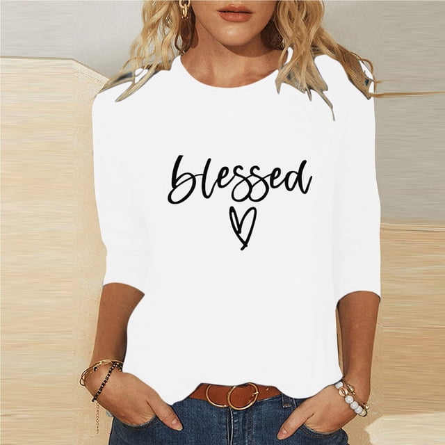 Meichang Hauts de Vacances pour Femmes T-Shirt de la Saint-Valentin Imprimé Cœur Mignon Hauts de Vacances Manches 3/4 Col Rond Sweat-Shirt Décontracté de Printemps