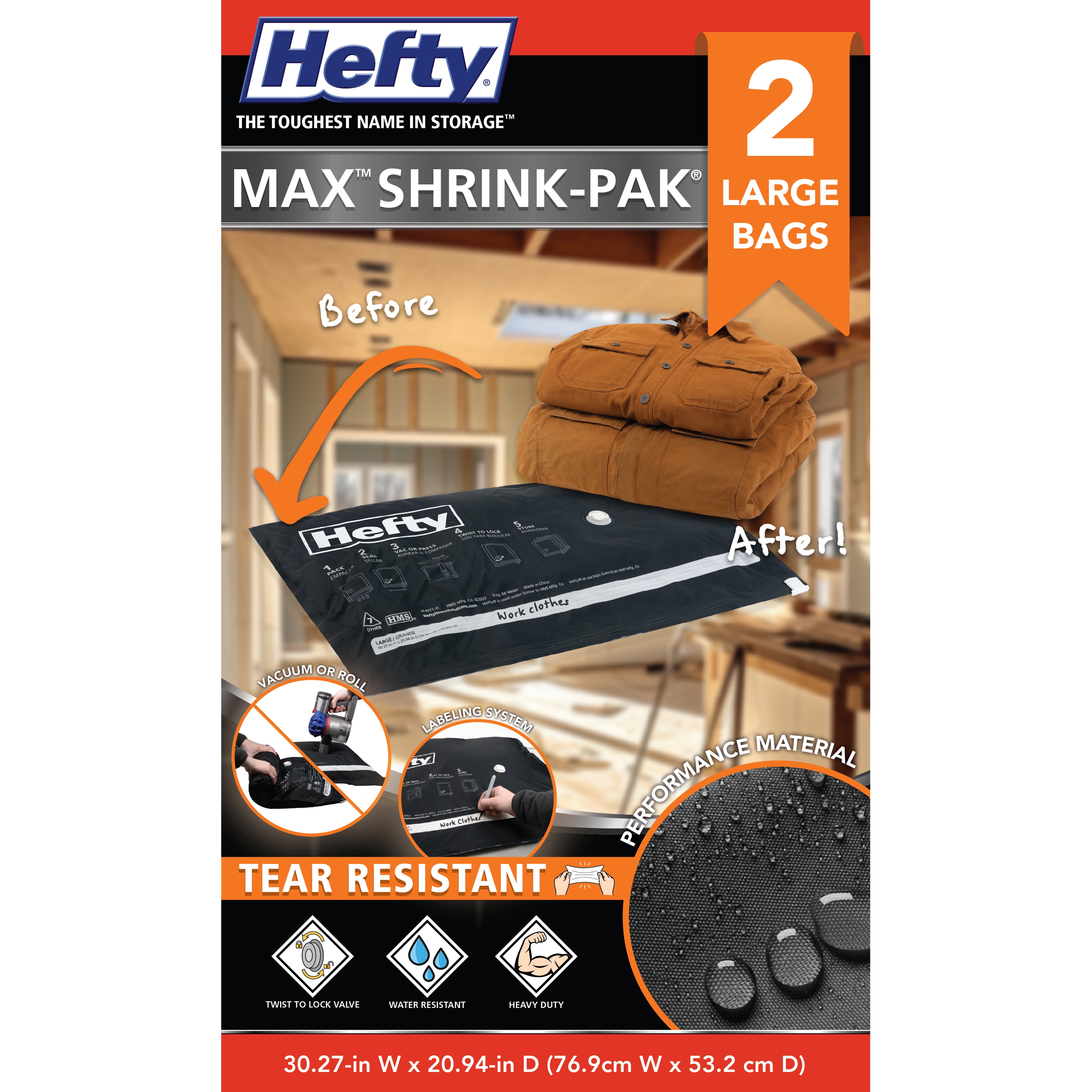 (2 pack) Hefty Max Shrink-Pak Portable Closet and Garage Organizer, Black