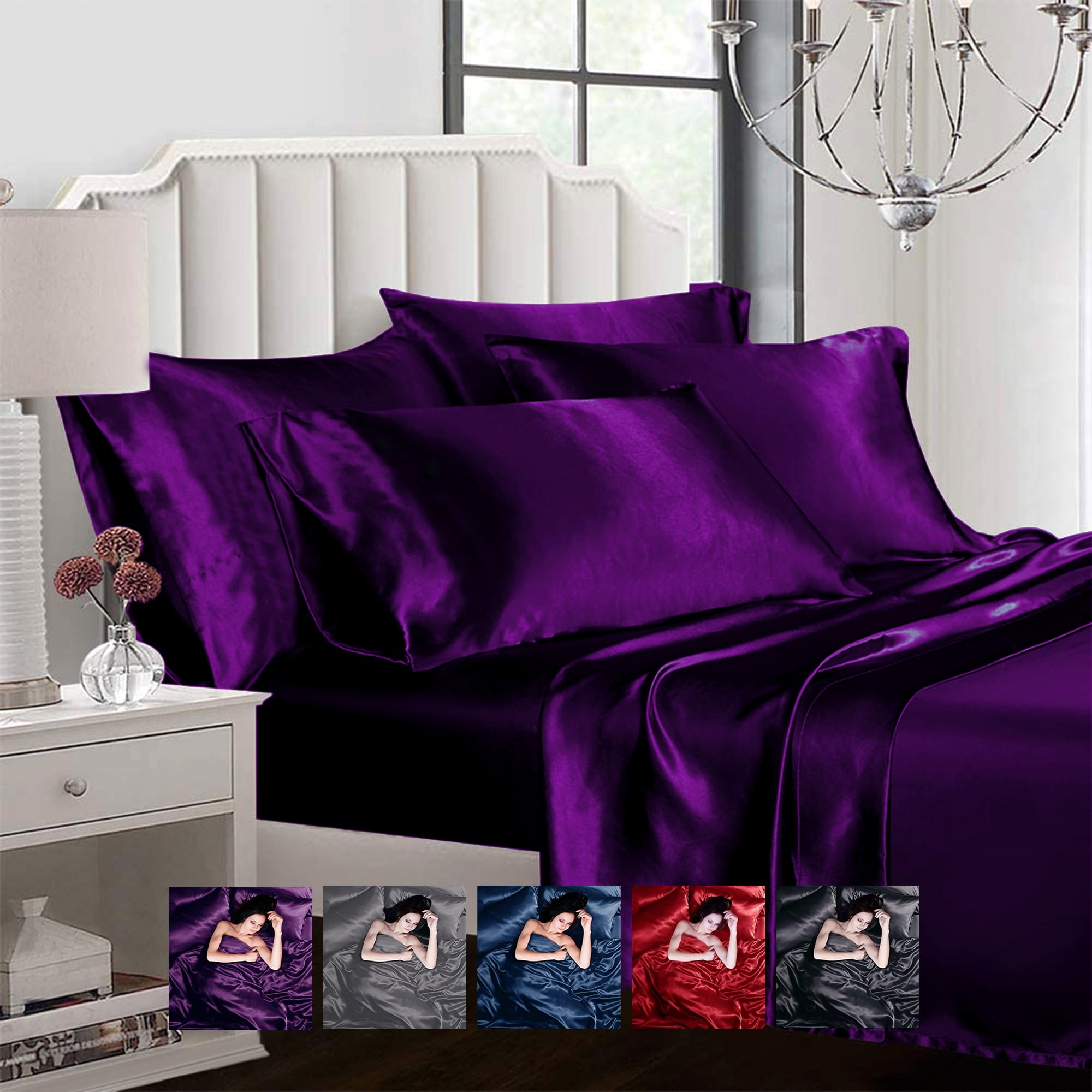 Satin 6 Pcs Silky Y Bedding Set, Royal Purple Duvet Cover