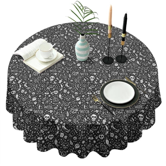 Black White Gothic Witch Skull Pattern Round Tablecloth 60"x60",Wrinkle Wipeable Table Cloth for Kitchen Dining Room Picnic Patio Party