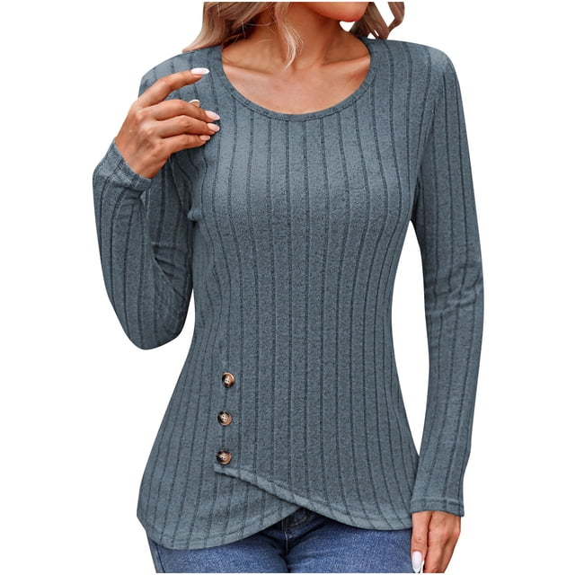 Timegard Blouse for Women Long Sleeve Ribbed Round Neck Button Tops Fall Winter Casual Comfy Tunic Tops