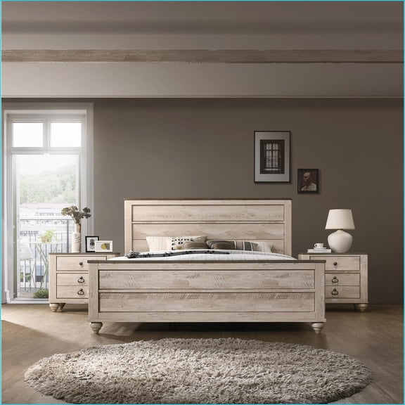 Bedroom Furniture Set - Industrial Chic 3-Piece Queen Bed & 2 Nightstands, Solid Hardwood White Wash | Wood | Standard Beds