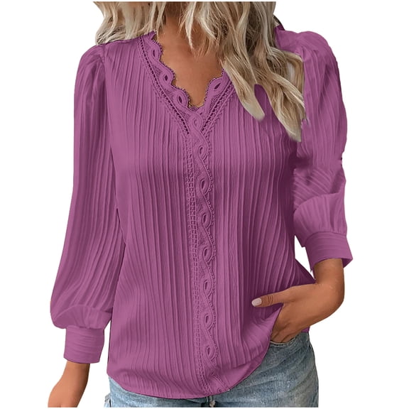 Dasayo Lantern Sleeve Tops for Women Trendy Pink V-Neck Lace Shirts Vacation Elegant Ruffle Outfits Women's Sweatshirt L