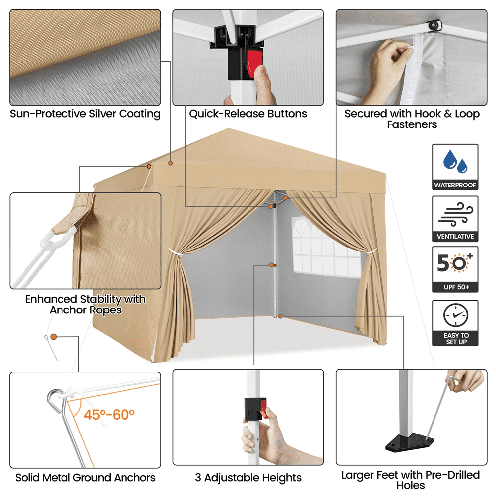 Renwick 10x10 Ft Pop Up Adjustable Canopy with 4 Sidewalls, Khaki