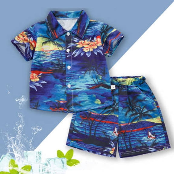 Conairie Clothing Set Two Piece for Boy Collar Short Sleeve Button Down Shirt and Shorts Kids Cute Floral Print Classic Basic Outfit Set with Pocket Blue 2-3 Y