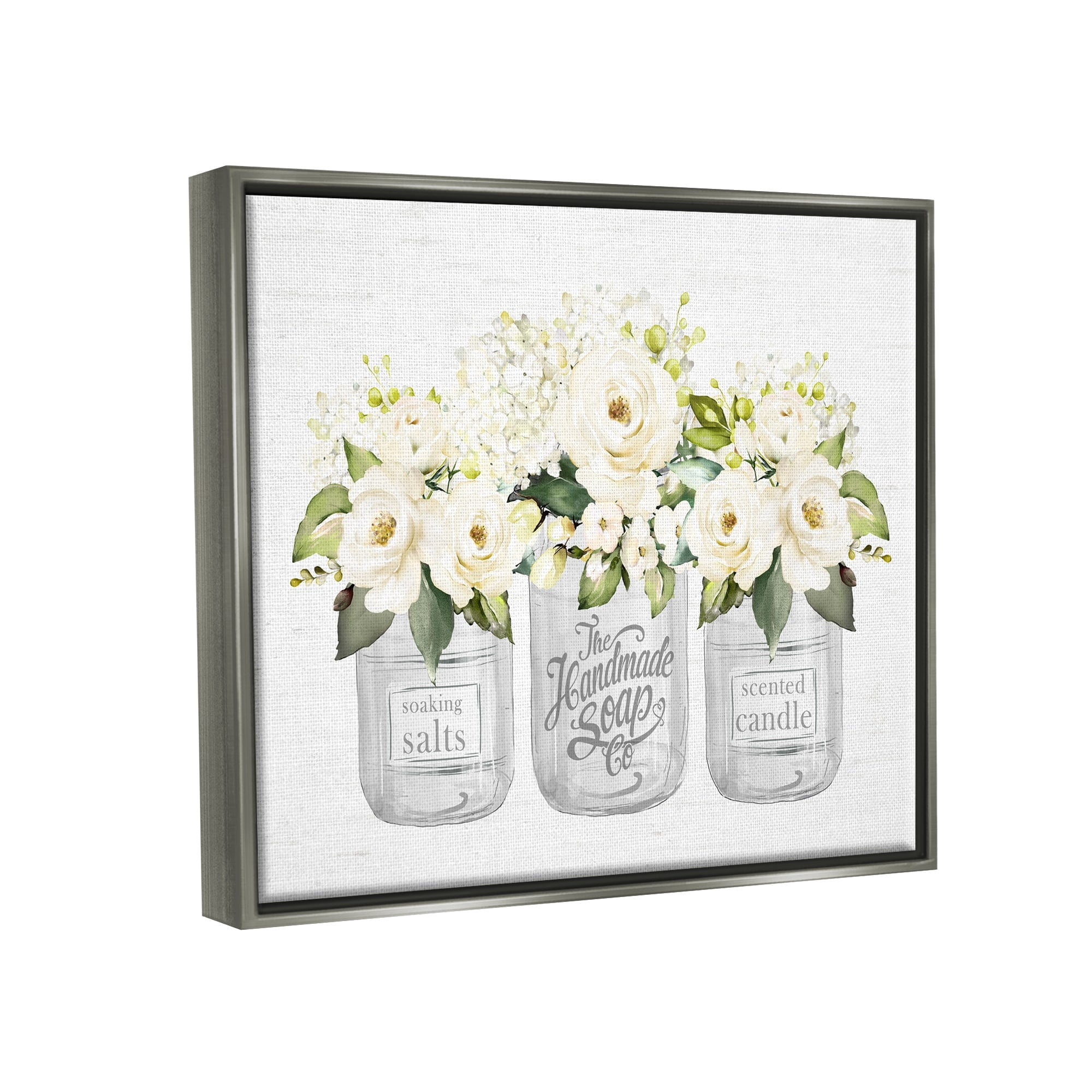 Stupell Industries White Roses Blooming Country Rustic Candle Jars Graphic Art Luster Gray Floating Framed Canvas Print Wall Art, Design by Lettered and Lined