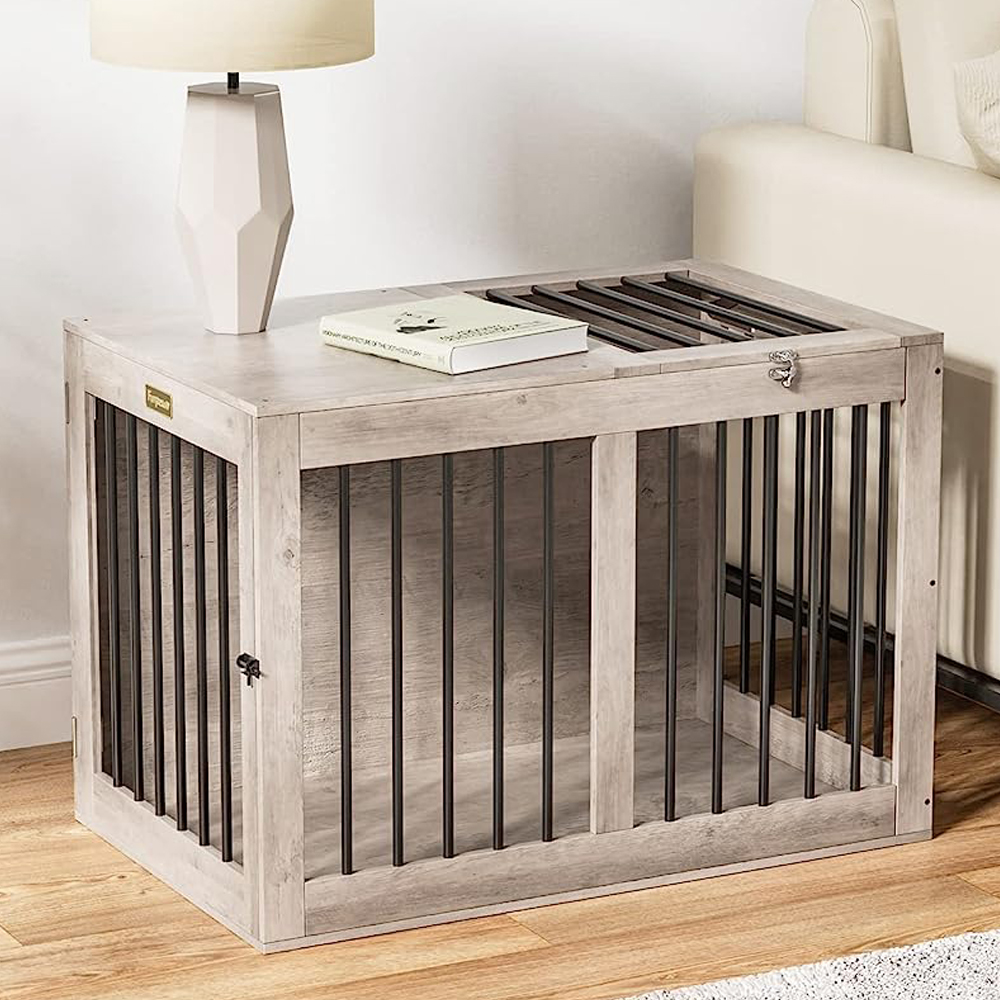 Gray Medium Dog Crate, 32"L Wood Dog Crate Furniture, Pet Cage with 2