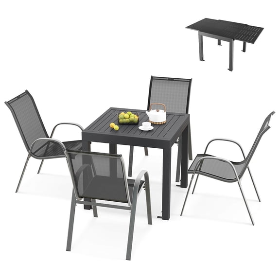 Gymax 5 PCS Outdoor Dining Table Set w/ Extendable Aluminum Table & 4 Stackable Chairs
