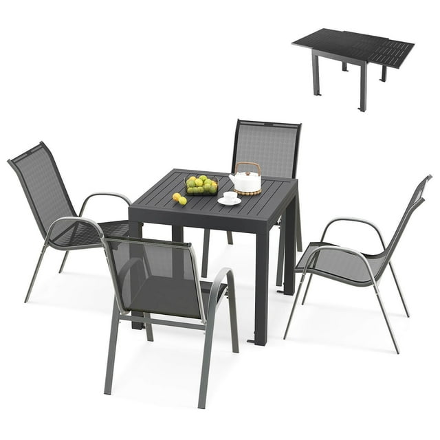 Gymax Ensemble de Salle à Manger d'Extérieur 5 Pcs avec Table en Aluminium Extensible et 4 Chaises Empilables