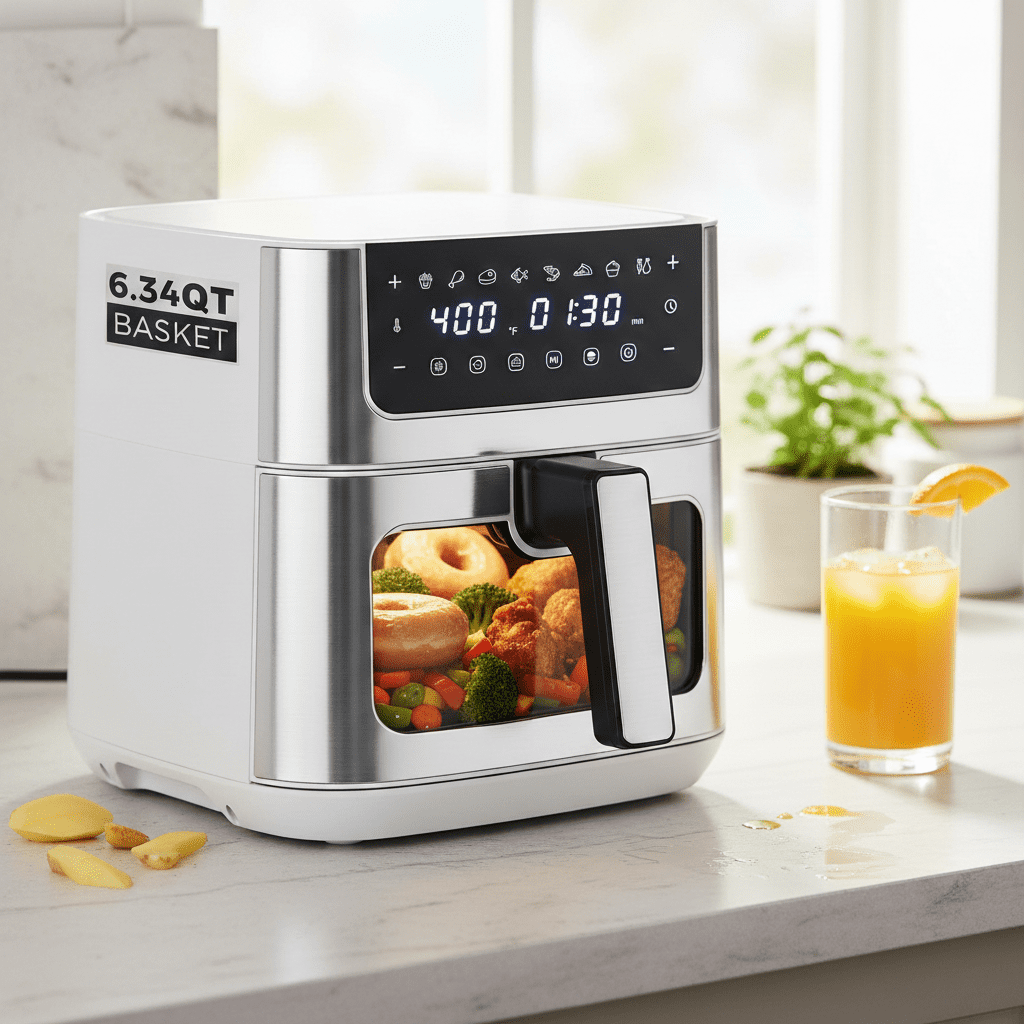 Atilioo 6.34Qt Air fryer with View Window & 8 Presets, Digital Touchscreen Stainless Steel Rapid Frying Cooker, Non-Stick & Dishwasher Safe, White