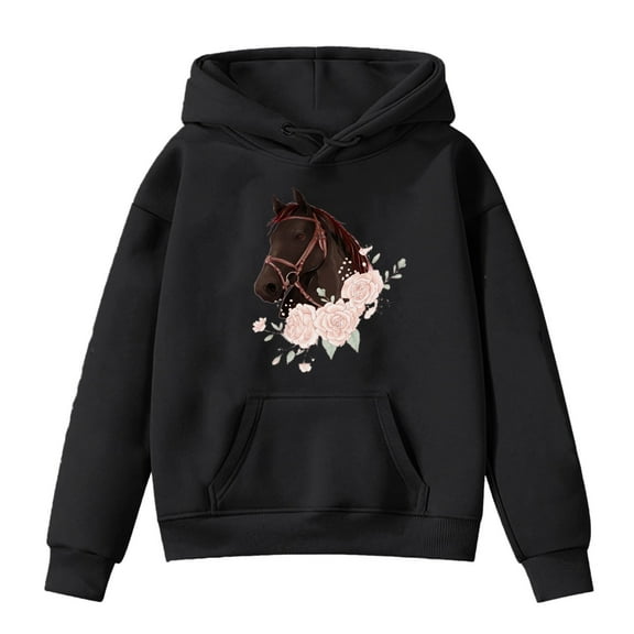Kiijoy Toddler Girls Casual Hoodie Horse Print Long Sleeve Pullover Hooded Sweatshirt